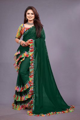 CHIGS Self Design Bollywood Lace Saree(Green)