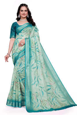 HouseOfCommon Floral Print Bollywood Cotton Linen Saree(Green)