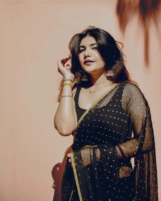 Desi Style Polka Print Bollywood Net, Chiffon Saree(Black)