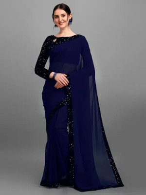 HARSH FASHION Solid/Plain Bollywood Georgette Saree(Blue)