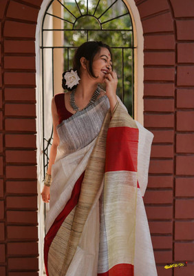 Joyguru Textile Woven Handloom Jute Silk Saree(White)