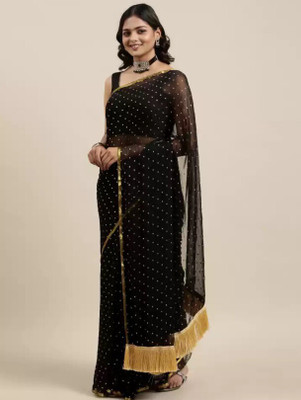 Desi Style Polka Print Bollywood Net, Chiffon Saree(Black)