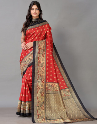 Samah Printed Banarasi Silk Blend Saree(Red, Beige)