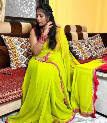 Online Bazaaar Embroidered Leheria Georgette Saree(Green)
