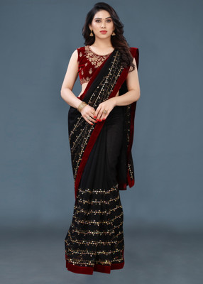 Ashiya Fab Embroidered Bollywood Net Saree(Black)