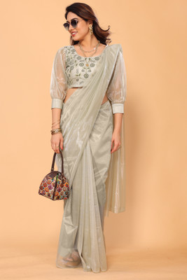 PATLANI STYLE Embroidered, Embellished, Solid/Plain Bollywood Net Saree(Light Green)