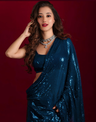Hemlata Embroidered, Embellished Bollywood Georgette Saree(Light Blue)