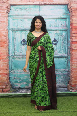NIKHILAM Printed Daily Wear Pure Cotton Saree(Dark Green)