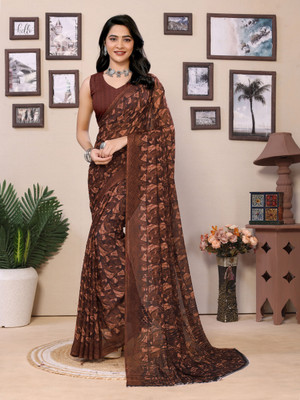 Sareezaa Printed, Ombre, Floral Print Bollywood Georgette Saree(Brown)
