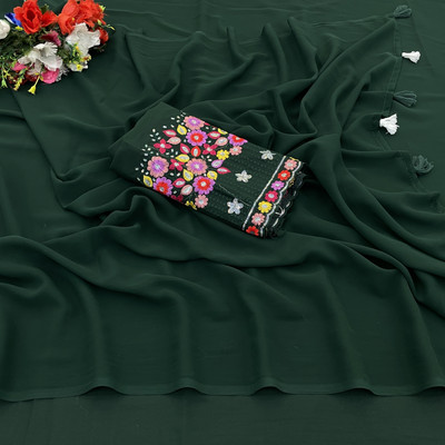 PIYA DESIGNER Solid/Plain, Self Design Bollywood Georgette Saree(Dark Green)