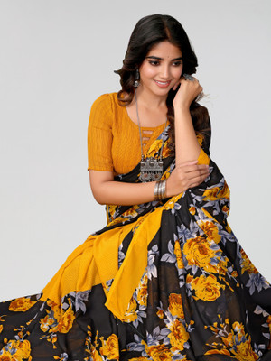 ANIRAV Floral Print Daily Wear Georgette Saree(Yellow)