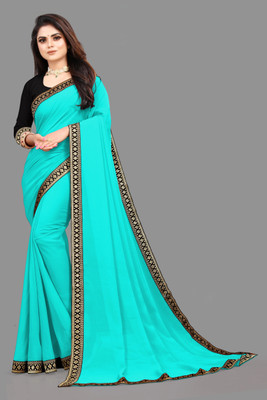 Aai shree khodiyar Solid/Plain, Embroidered Daily Wear Georgette, Chiffon Saree(Light Blue)