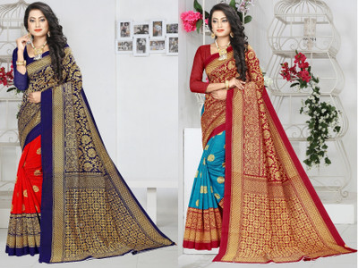 Kanooda Prints Printed Bollywood Art Silk Saree(Pack of 2, Multicolor)