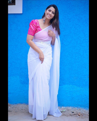 V And V Shop Self Design, Polka Print Daily Wear Georgette, Chiffon Saree(White)