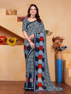 Kanooda Prints Printed Bollywood Georgette Saree(Grey, Multicolor)