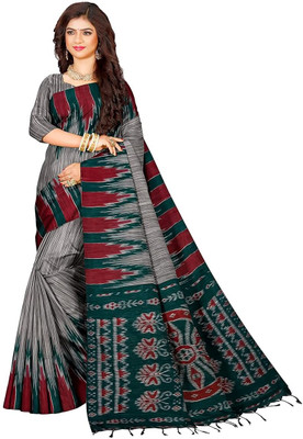 Joyguru Textile Printed Sambalpuri Pure Cotton Saree(Grey)