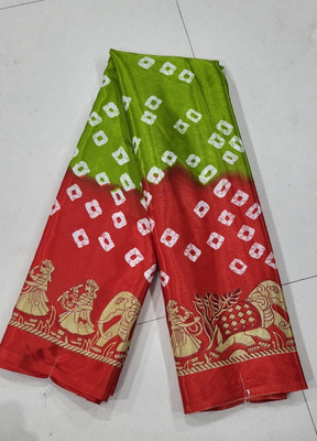 Zoamic Printed Bollywood Crepe, Silk Blend Saree(Red, Green)