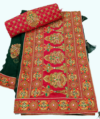 Bhojal Creation Embroidered, Embellished Bollywood Silk Blend Saree(Green)