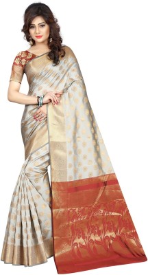 Hinayat Fashion Self Design Banarasi Silk Blend Saree(Cream)
