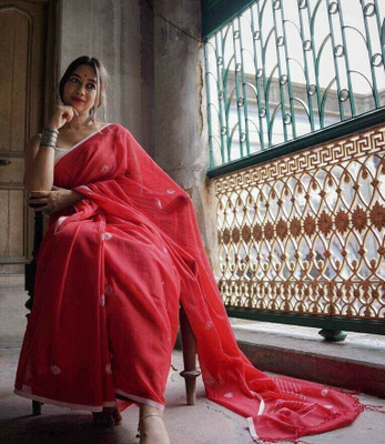 Ghosh handloom Woven Handloom Cotton Linen Saree(Red)