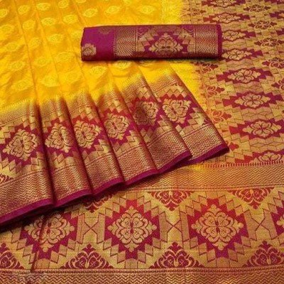 8BitEnterprise Printed Kanjivaram Nylon Saree(Yellow)