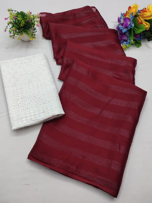 BORBOLETA Self Design, Embellished, Striped Bollywood Chiffon Saree(Maroon)