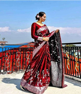 ajmera fashion Woven Banarasi Pure Silk Saree(Maroon)