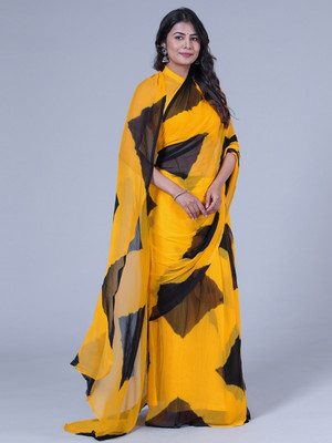 HouseOfCommon Color Block Leheria Chiffon Saree(Yellow, Black)
