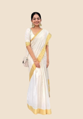 PRAVATI FASHION Solid/Plain Kasavu Cotton Blend Saree(White, Gold)