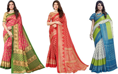 Priyashi Printed Daily Wear Art Silk Saree(Pack of 3, Pink, Red, White, Blue)
