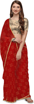 Desi Style Printed Bollywood Velvet, Chiffon Saree(Red)