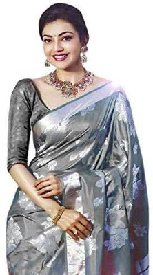 AD Saree Mall Solid/Plain Banarasi Silk Blend Saree(Grey)