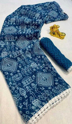DAZLIO Printed Bollywood Georgette Saree(Blue, White)