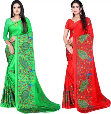 Leelavati Printed Bollywood Crepe Saree(Pack of 2, Green, Red)