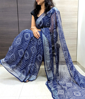 TRUORIGIN Geometric Print Bandhani Chiffon Saree(Dark Blue)