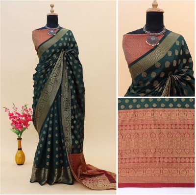 Nipami Woven Kanjivaram Silk Blend Saree(Dark Green)