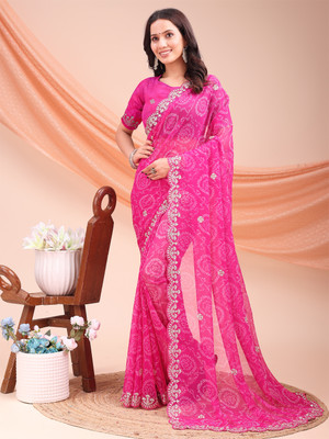 Divastri Printed Bandhani Georgette Saree(Pink)