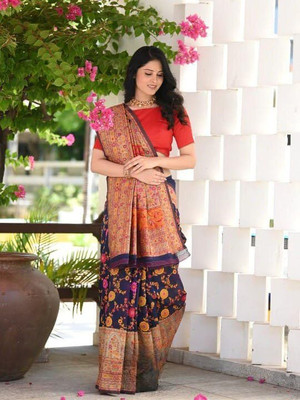 Mahakal Creation Floral Print, Printed, Embroidered Daily Wear Linen Saree(Dark Blue)