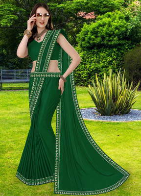 FabDaisy Printed Banarasi Lycra Blend Saree(Green)