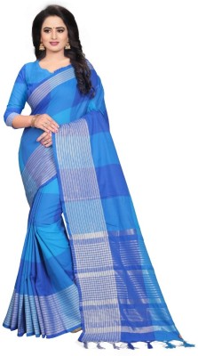 fospy Checkered Daily Wear Cotton Blend, Cotton Linen Saree(Blue)