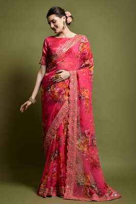 Divastri Floral Print Bollywood Georgette Saree(Pink)