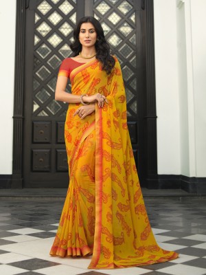 SHWENILA Floral Print Banarasi Georgette Saree(Yellow)