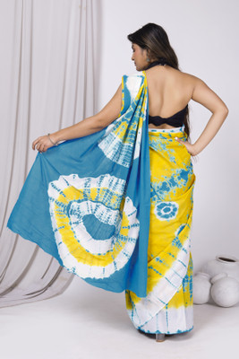 NIKHILAM Blocked Printed, Color Block, Dyed, Floral Print, Printed Daily Wear Pure Cotton Saree(Yellow)