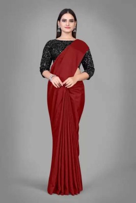 Aruna Sarees Solid/Plain Bollywood Satin Saree(Maroon)