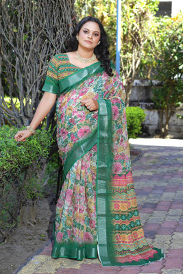 HouseOfCommon Floral Print Bollywood Cotton Linen Saree(Green)