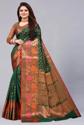 SHREE NATH CREATION Embroidered, Woven Kanjivaram Jacquard, Cotton Silk Saree(Dark Green)