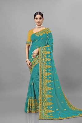 Radheradhey Embroidered, Floral Print Bollywood Georgette Saree(Light Blue)