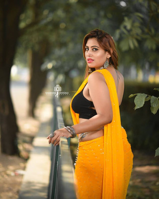 Desi Style Polka Print Bollywood Net, Chiffon Saree(Yellow)