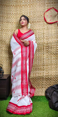 PRAVATI FASHION Woven Handloom Cotton Blend Saree(White, Red)