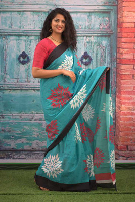 Sanganeri Print Printed Daily Wear Pure Cotton Saree(Green)
